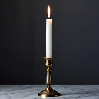 Lit White Candle on Brass Candlestick