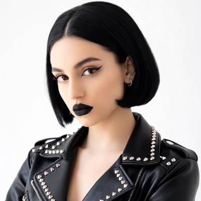 Woman in black leather jacket