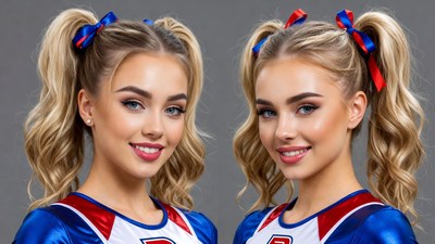 Twin blonde cheerleaders with pigtails