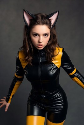 Woman in black and yellow cat suit