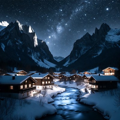 Snowy Alpine Village Under Milky Way