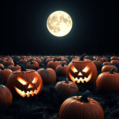 Jack-o'-lanterns under full moon