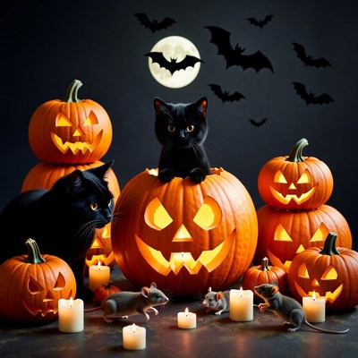 Black Cats with Jack-o-Lanterns and Rats