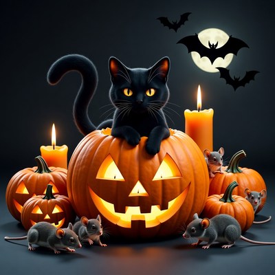 Black Cat on Halloween Pumpkin