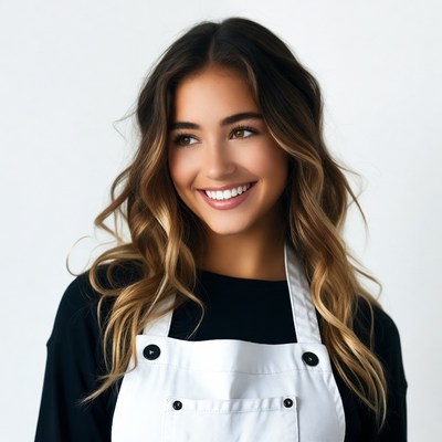 Smiling woman in white apron