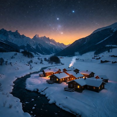 Snowy Chalets by River Under Starry Mountains