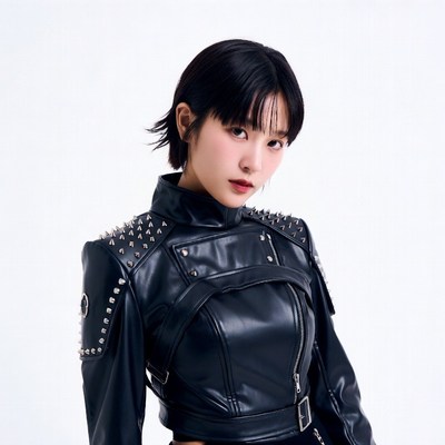 Asian woman in studded leather jacket