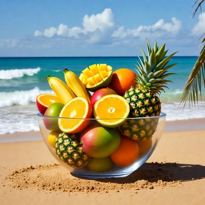 Tropical Fruits in Glass Bowl on Beach
