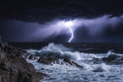 Lightning Storm Over Ocean Rocks