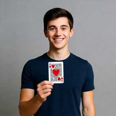 Young man holding ace of hearts