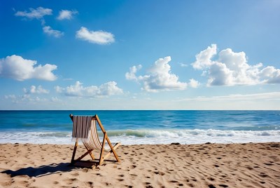 Wooden beach chair facing ocean