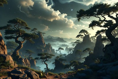 Misty Pine Forest Mountain Landscape