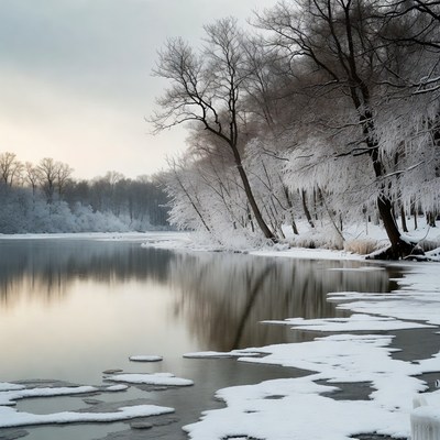 Winter Trees by Frozen Lake