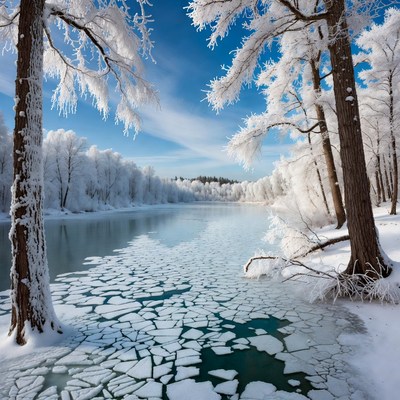 Snowy Trees by Frozen River