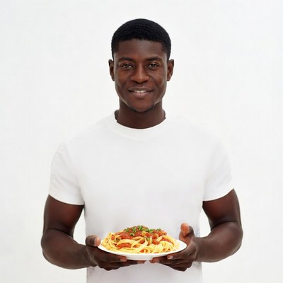 African-American man holding spaghetti plate