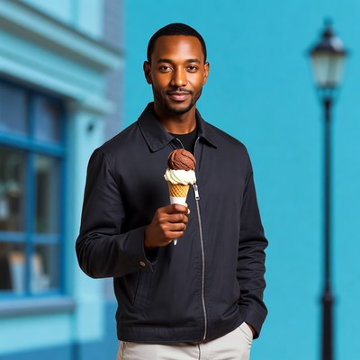 African-American man eating ice cream cone