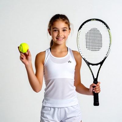 Girl holding tennis racket and ball