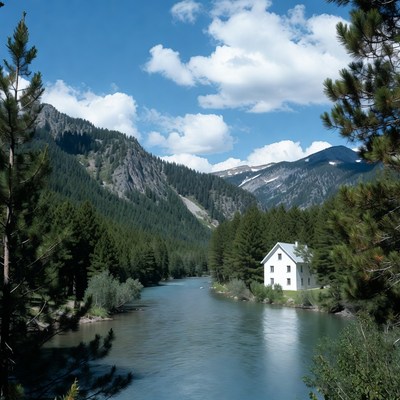 White house by mountain river