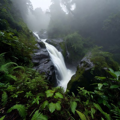 Misty Waterfall in Lush Jungle