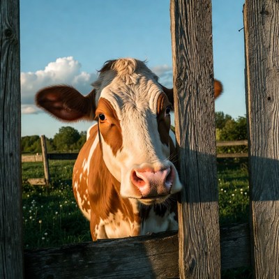 Cow peering through wooden fence