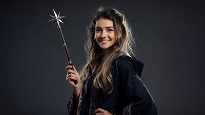 Woman holding magic wand in robe