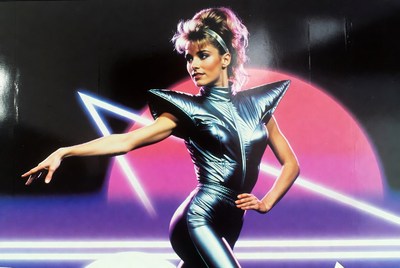 Woman in Shiny Silver 80s Bodysuit