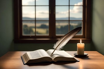 Open book with quill and candle