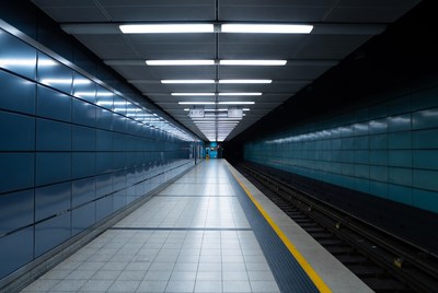 Empty Blue Subway Platform Tunnel
