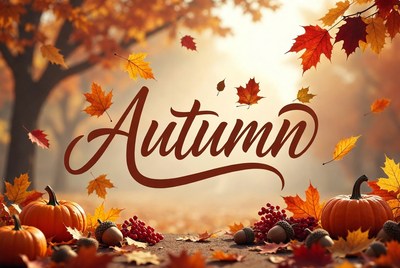 Autumn Text with Falling Leaves and Pumpkins