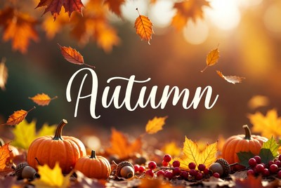 Autumn Text with Falling Leaves Pumpkins