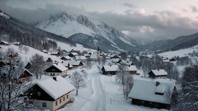 Snowy Alpine Village with Church