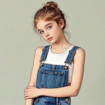 Girl in denim overalls illustration