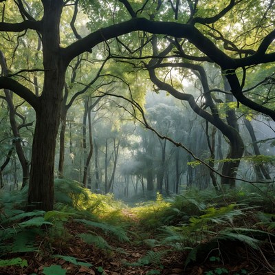 Sunlit Forest Path with Ferns