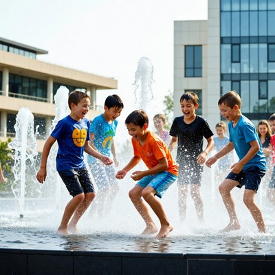 Boys playing in urban water fountain