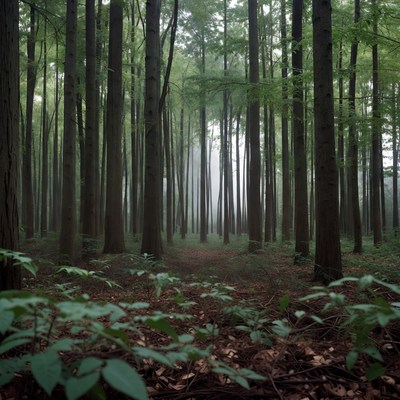 Foggy Forest Path with Tall Trees