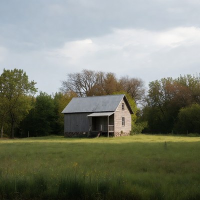 Rustic Barn House in Grassy Field