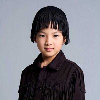 Asian boy in black fringed hat and jacket