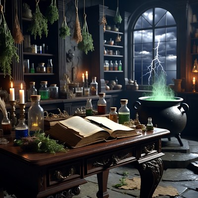 Witch's Potion Brewing in Dark Kitchen