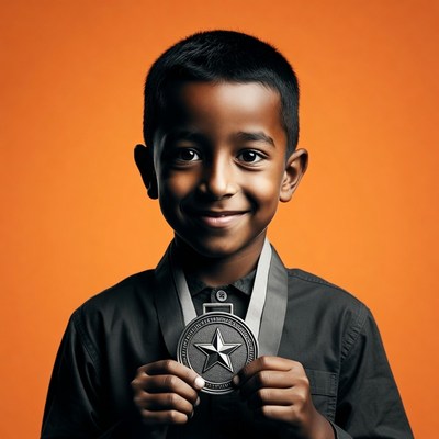 Young boy holding silver medal