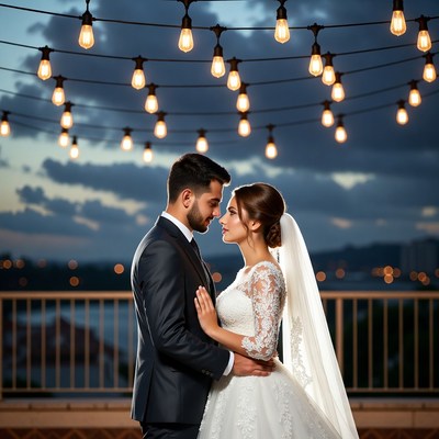 Groom embracing bride under string lights