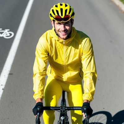 Man cycling in yellow helmet and gear
