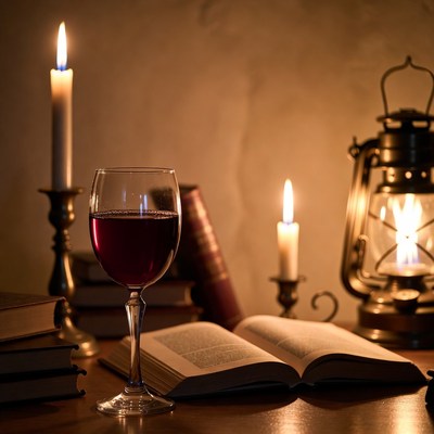 Red wine glass with open book and candles