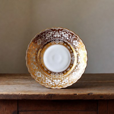 Gold-rimmed porcelain plate on wood