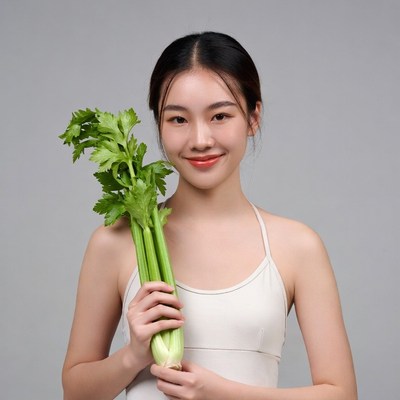 Asian woman holding celery