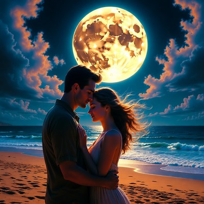 Romantic couple embracing beach moon