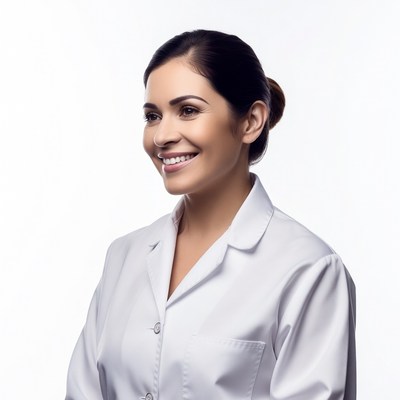 Smiling Latina woman in white lab coat