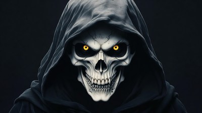 Skull-faced figure in hooded cloak