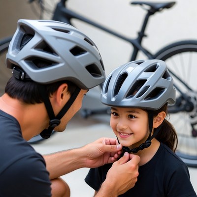 Father adjusting helmet on daughter