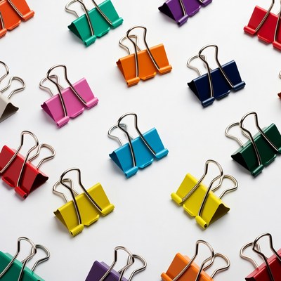 Colorful binder clips on white background