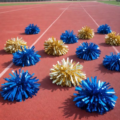 Blue and Gold Pom Poms on Track
